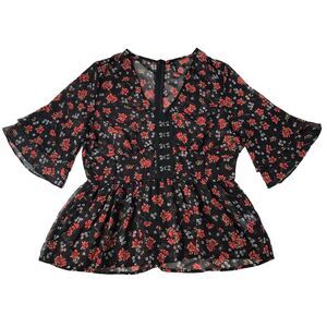 Influence Black Floral Peplum Hook & Eye Faux Corset Bell Sleeve Top Size 10